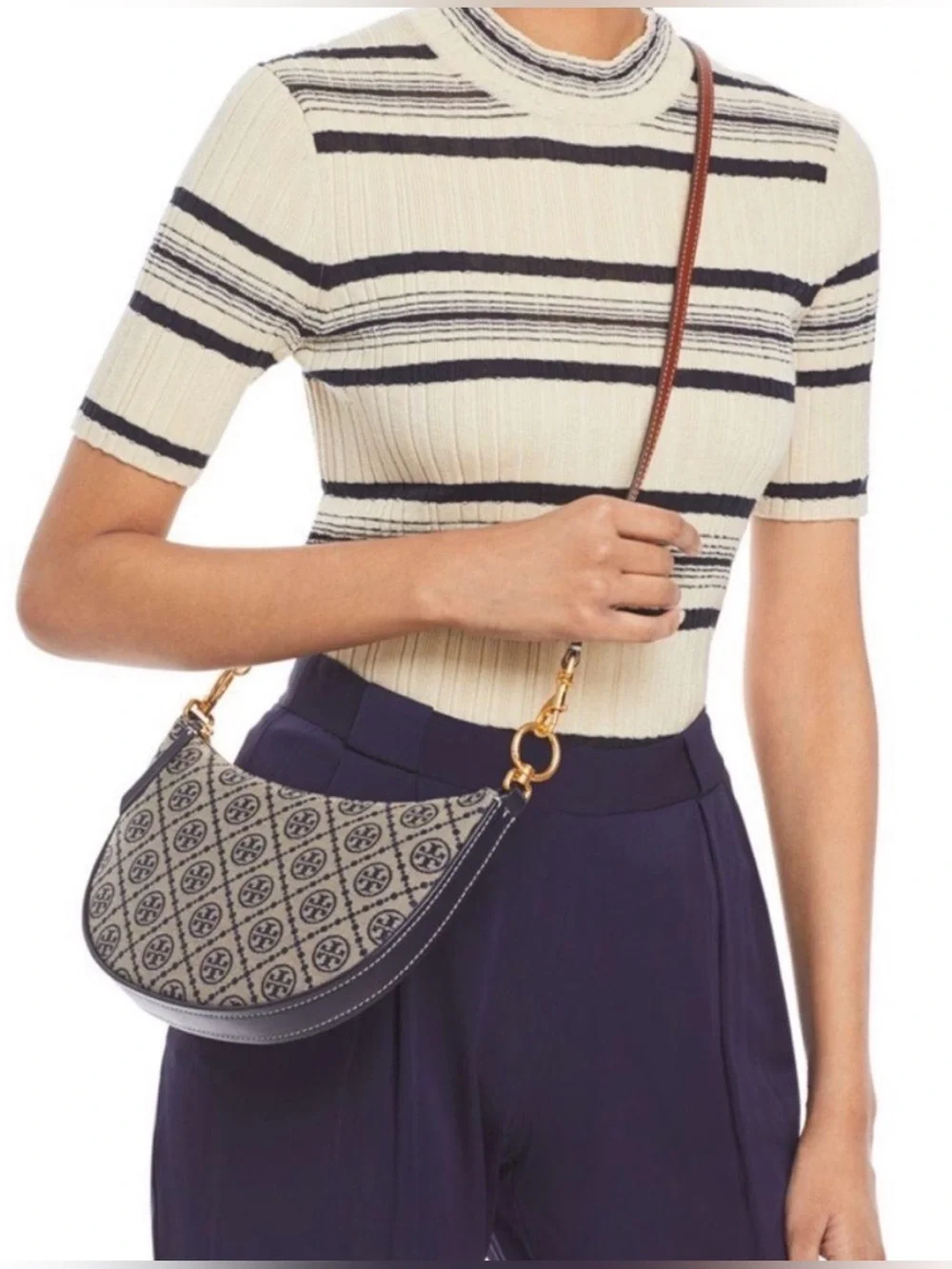 Tory Burch Navy Blue T Monogram Jacquard Mini Curved Hobo Bag